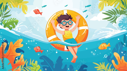 Kid snorkeling with swim ring Vector illustration. Vector