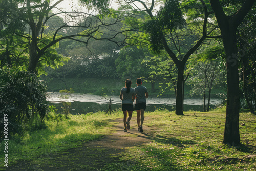 Against the backdrop of nature's tranquility, a couple prioritizes their well-being through outdoor exercise in the park, showcasing their commitment to an active lifestyle and physical fitness.