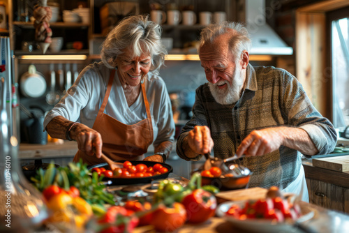 An aging couple enjoys cooking side by side, creating a health-conscious vegan dish enriched with an assortment of vegetables.
