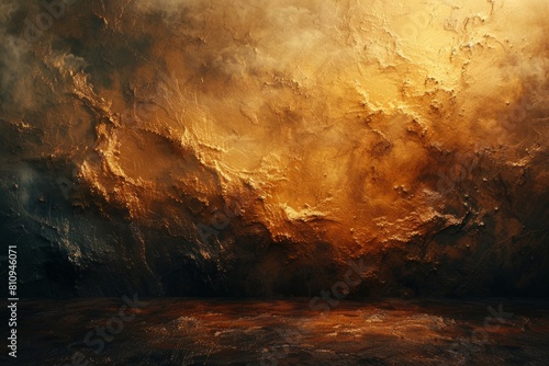 A painting of a cave with smoke rising into the sky photo