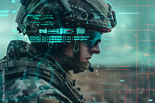 A soldier in tactical gear, using a heads-up display (HUD) on the battlefield, ready for a strategic mission Created Using military action photography style, advanced tactical equipment, immers