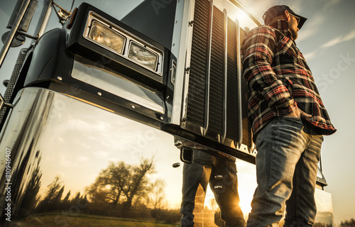 Semi Truck Driver Job Concept standing in front of his truck