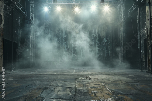 Abandoned Theater Stage with Concrete Floor An abandoned theater stage featuring a grunge concrete floor, shrouded in fog and stage lighting Suitable for theatrical marketing or dramatic photo