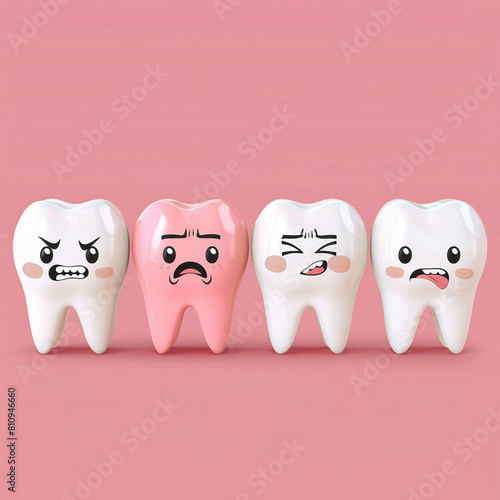 Set of cartoon 3D teeth with different emotions on pink background