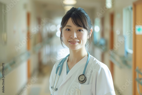 Japanese nurse stands tall in the hospital corridor, embodying proficiency and caring in healthcare.