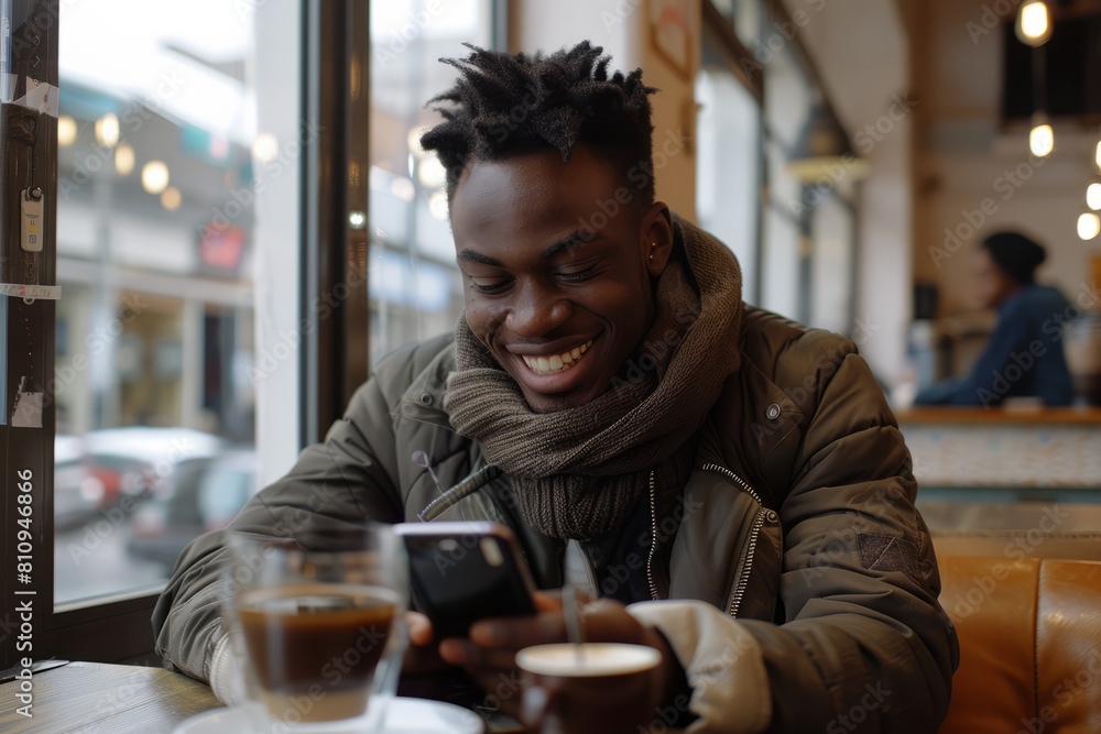 Relaxing in a cozy cafe corner, a young African American man relishes his coffee while scrolling through his smartphone, his smile mirroring the satisfaction of a leisurely moment spent amidst the