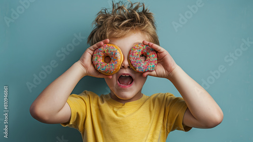 A boy is holding two donuts in front of his eyes. He is making a funny face. The donuts are covered in colorful sprinkles photo