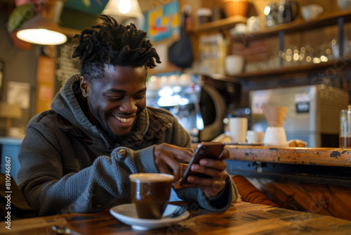 Relaxing in a cozy cafe corner  a young African American man relishes his coffee while scrolling through his smartphone  his smile mirroring the satisfaction of a leisurely moment spent amidst the