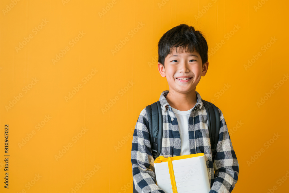 Studio portrait of a smiling Japanese boy with a backpack standing alone against a bright backdrop, gripping a textbook Studio portrait of a smiling Japanese boy with a backpack standing alone against a bright backdrop, gripping a textbook
