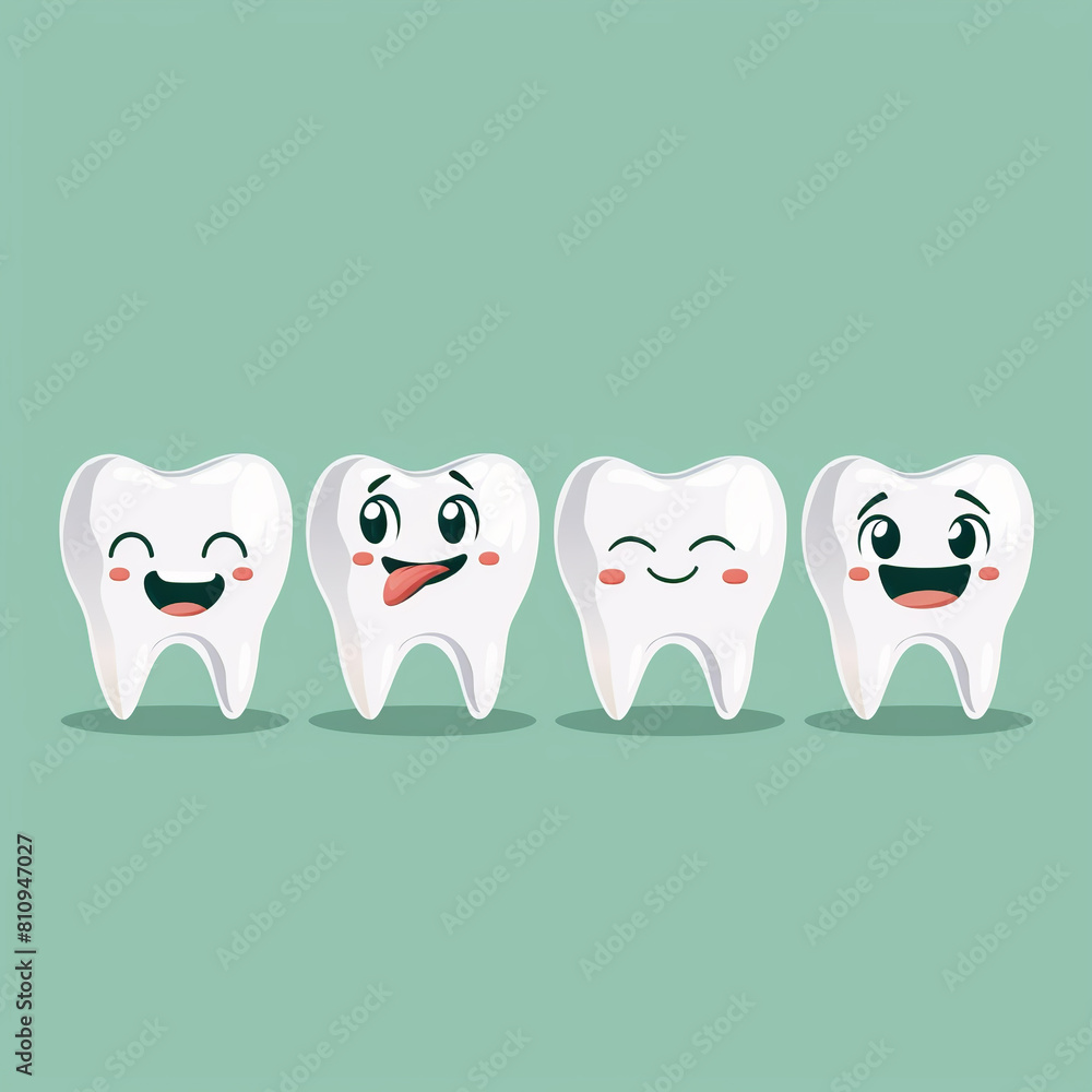 Fototapeta premium Set of cartoon teeth with different emotions on green medical background