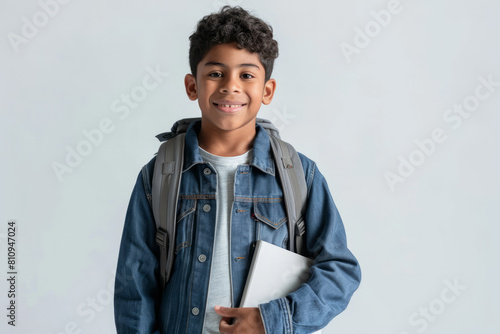 Studio portrait of a joyful Latino boy with a backpack standing isolated on a light background, clutching a textbook