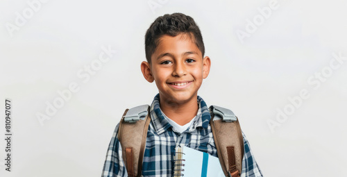 Studio portrait of a joyful Latino boy with a backpack standing isolated on a light background, clutching a textbook photo