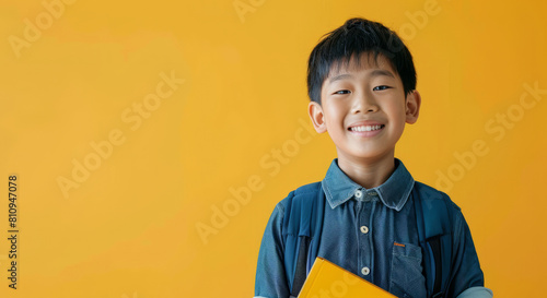 Studio portrait of a smiling Japanese boy with a backpack standing alone against a bright backdrop, gripping a textbook