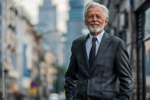 The mature older businessman, adorned in a sleek suit, gazes into the distance with a content smile, his mind filled with visions of future success, while standing amidst the urban backdrop, his