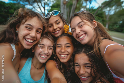 With radiant smiles, teenage girls gather for a selfie in the park, their laughter echoing the joy of shared moments and lasting friendships. © Volodymyr