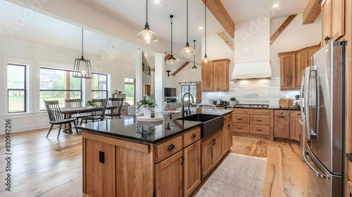 modern farmhouse kitchen with oak cabinets and black granite, open concept design with island, white walls, wood floors
