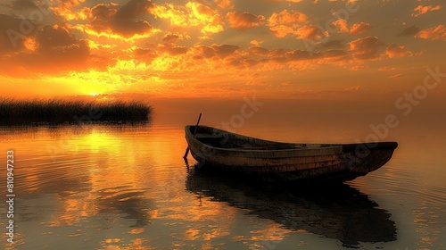   A boat bobbing on a waterway  set against a cloudy backdrop and bathed in sunset hues