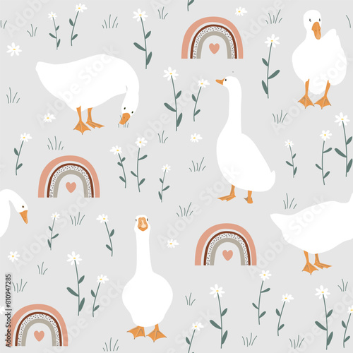 Hand drawn spring pattern with cute cartoon goose, flowers, leaves. Seamless pattern © Toltemara