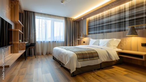 modern hotel room with modern interior design, plaid curtain on the right wall and wooden shelves for to left of it, wood floor,