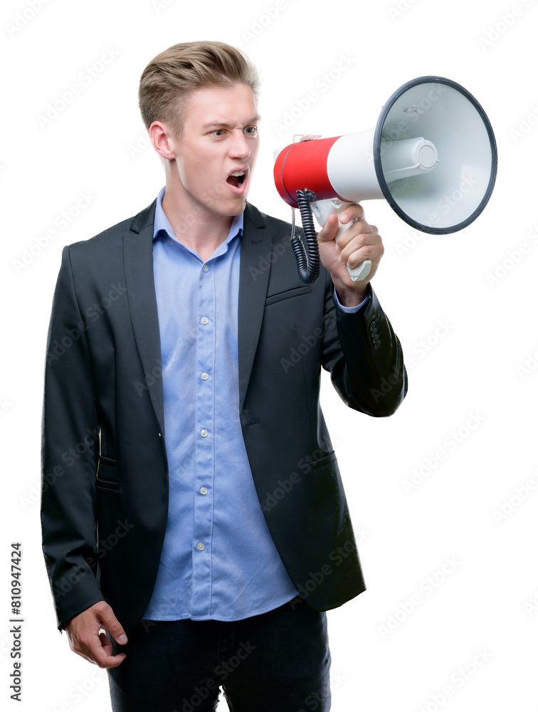 Young handsome blond man holding a megaphone with a confident expression on smart face thinking serious Young handsome blond man holding a megaphone with a confident expression on smart face thinking serious