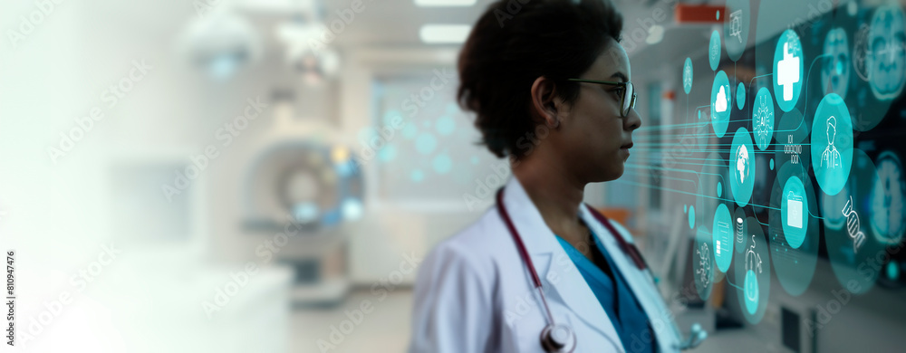Female doctor looking halogram screen computer to display and diagnosis processing patient data on AI virtual interface screen hospital background concept.