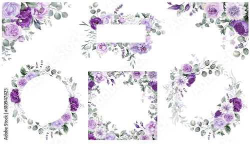 Watercolor floral border - frame. Violet flowers and eucalyptus greenery illustration isolated on transparent background. Purple roses, lilac peony for wedding stationary, greeting card photo