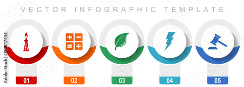 Fuel and energy icon set, miscellaneous vector icons such as oil and gas, calculator, leaf, bolt and auction, modern design infographic template, web buttons in 5 color options
