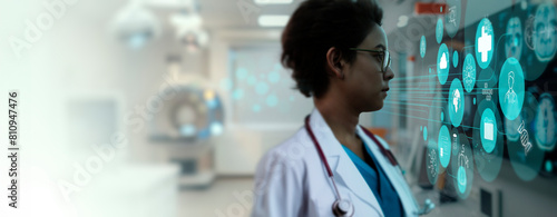 Obraz na płótnie Female doctor looking halogram screen computer to display and diagnosis processing patient data on AI virtual interface screen hospital background concept. w salonie
