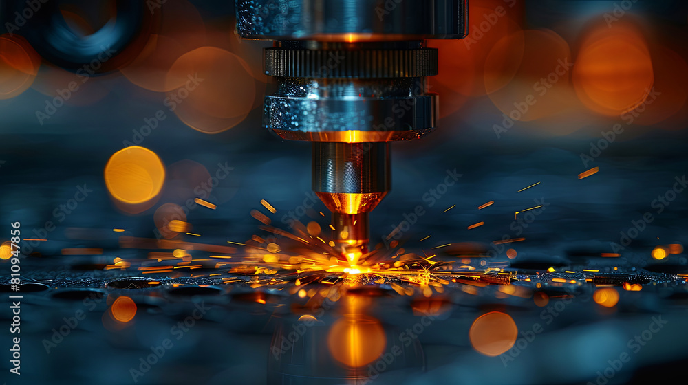 A machine is cutting through metal, creating sparks and fire