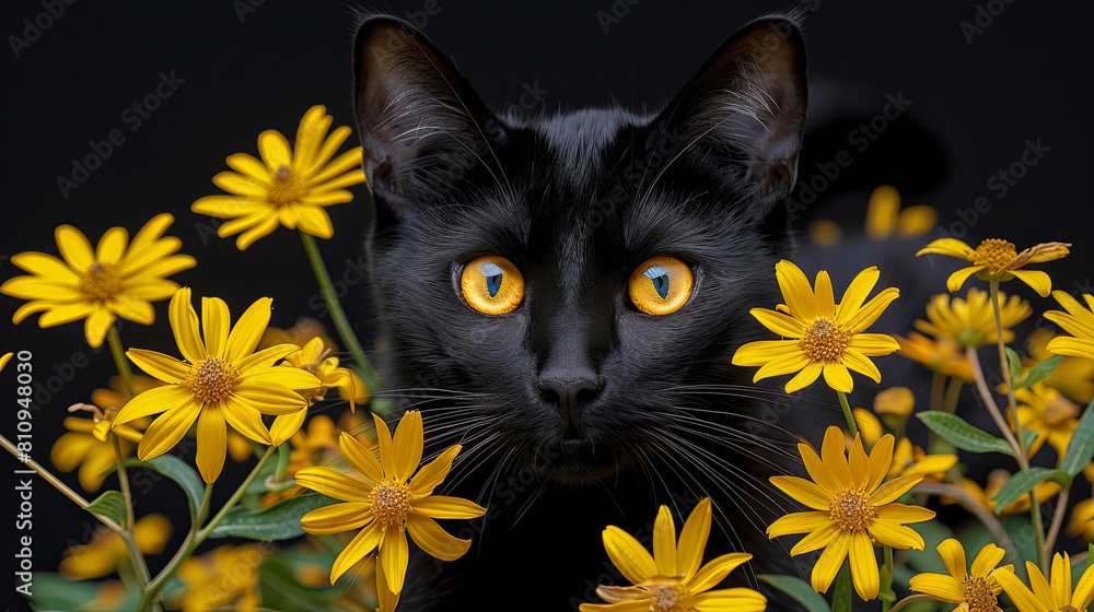 A black cat is looking at the camera in a field of yellow flowers A black cat is looking at the camera in a field of yellow flowers