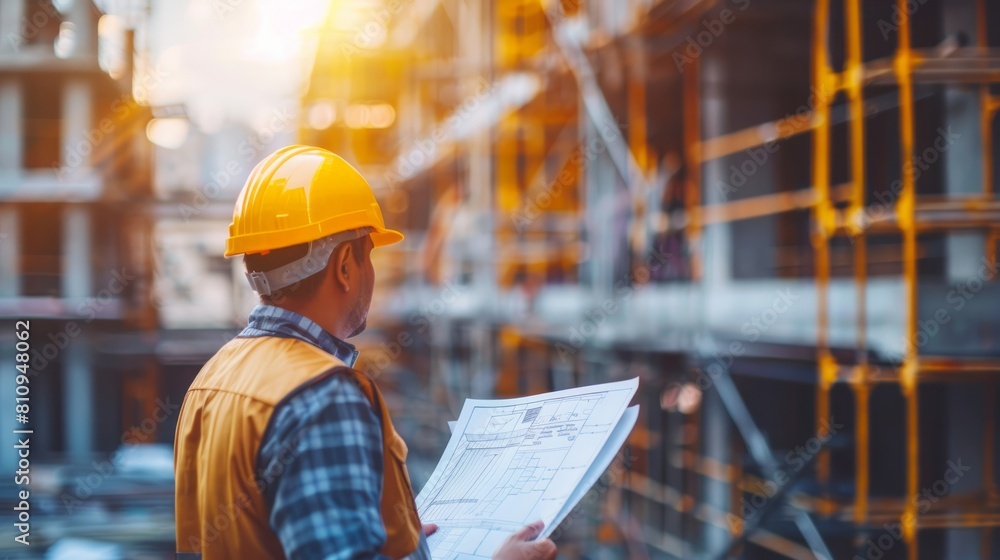 Smart civil engineer inspects and works outdoors on a structure building site with blueprints. Concept of engineering and architecture. Smart civil engineer inspects and works outdoors on a structure building site with blueprints. Concept of engineering and architecture.