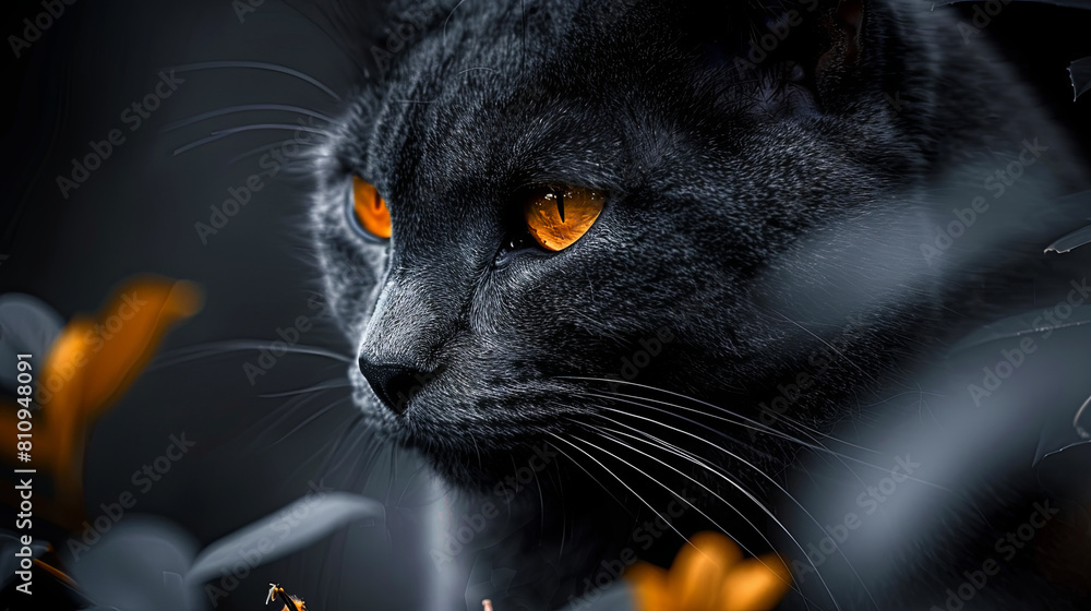 A black cat with orange eyes is staring at the camera A black cat with orange eyes is staring at the camera