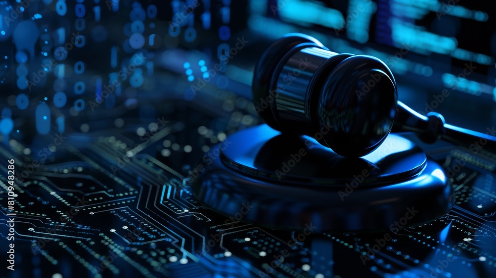 A courtroom gavel in a modern digital jurisdiction concept, AI and digital technology challenges with legal compliance A courtroom gavel in a modern digital jurisdiction concept, AI and digital technology challenges with legal compliance