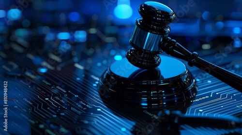A courtroom gavel in a modern digital jurisdiction concept, AI and digital technology challenges with legal compliance