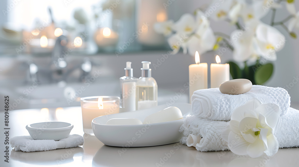 White bathroom table top with skincare accessories candles folded towels essential oils soap