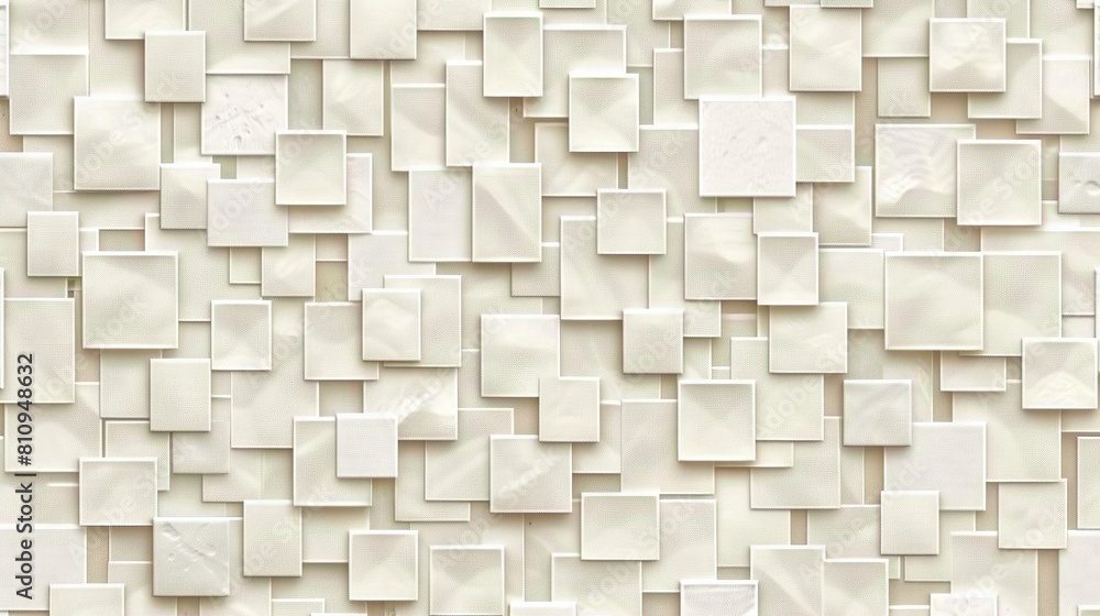 A white tile wall featuring a mosaic pattern of both squares and rectangles A white tile wall featuring a mosaic pattern of both squares and rectangles