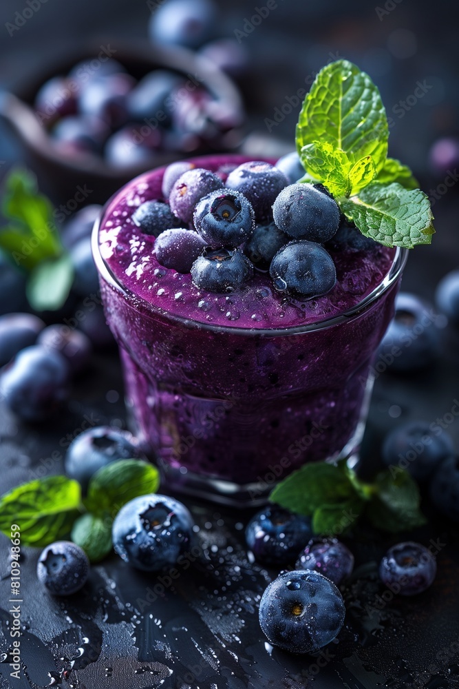 A glass of blueberry smoothie on a dark blueberry background. A glass of blueberry smoothie on a dark blueberry background.