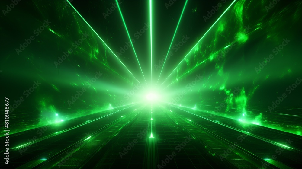Intense Green Lasers and Lights Over a Digital Grid Floor in a Futuristic Setting Intense Green Lasers and Lights Over a Digital Grid Floor in a Futuristic Setting