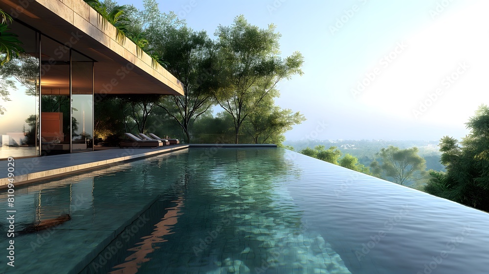 Fototapeta premium Luxurious modern home with infinity pool overlooking a lush landscape