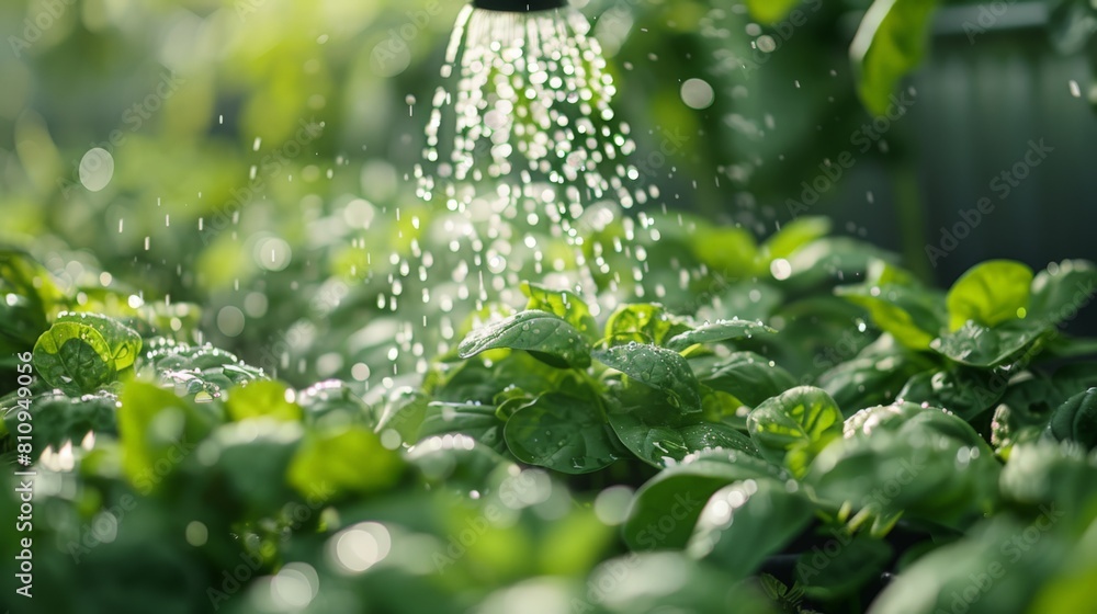 Watering Fresh Garden Greens in Sunlight Watering Fresh Garden Greens in Sunlight
