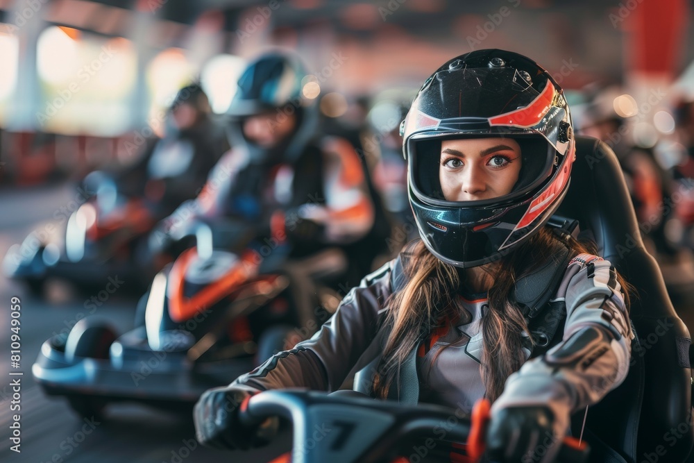 Intense Go-Kart Race with Focused Female Driver. Beautiful simple AI generated image in 4K, unique.