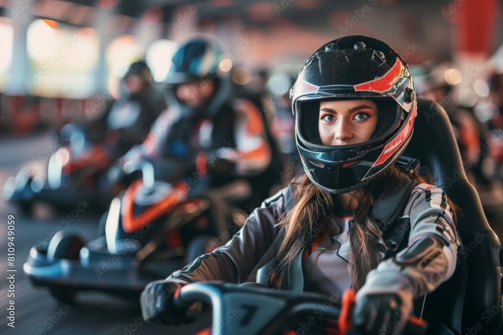 Intense Go-Kart Race with Focused Female Driver. Beautiful simple AI generated image in 4K, unique. Intense Go-Kart Race with Focused Female Driver. Beautiful simple AI generated image in 4K, unique.