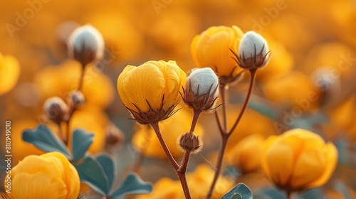   A zoomed-in image of several yellow flowers against a green leaf backdrop