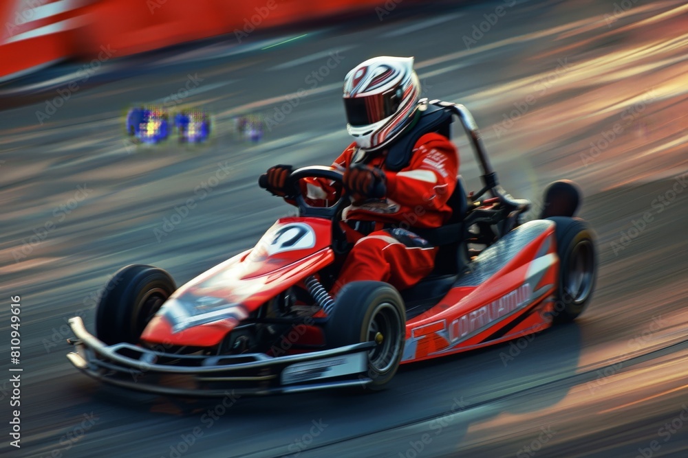 Intense Go-Kart Race with Focused Female Driver. Beautiful simple AI generated image in 4K, unique.