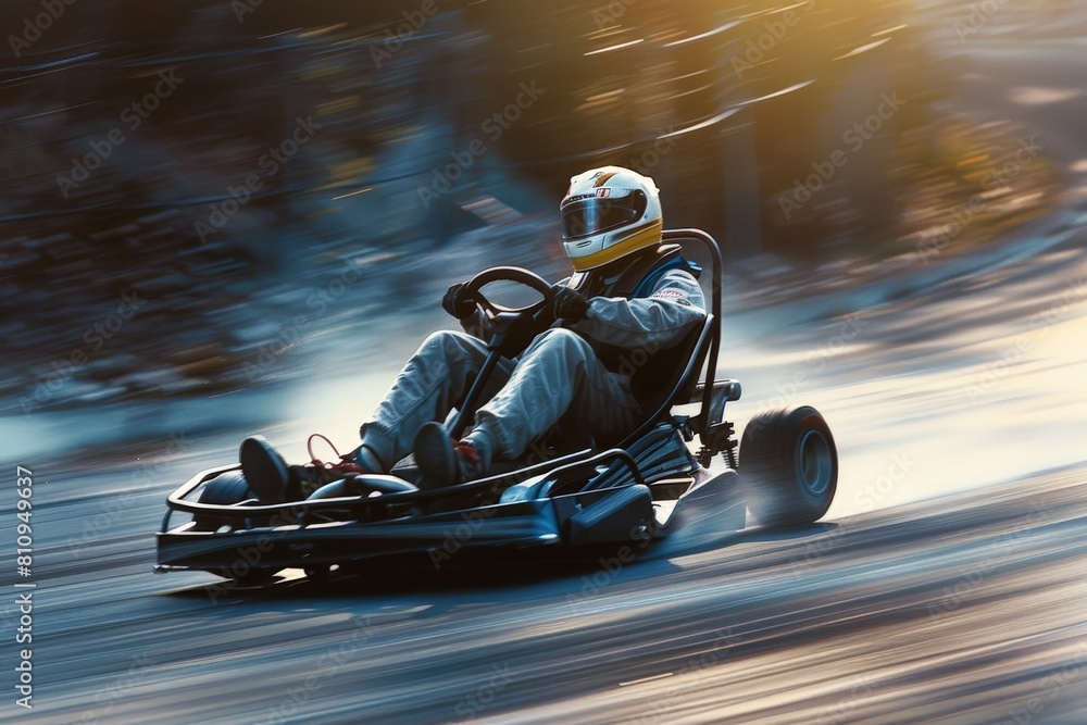 Fototapeta premium Thrill-seekers competing for the fastest lap at a lively indoor go-kart racing track. Beautiful simple AI generated image in 4K, unique.