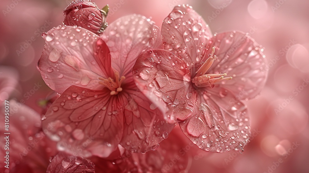 A pink flower with water droplets in focus and a soft pink background A pink flower with water droplets in focus and a soft pink background
