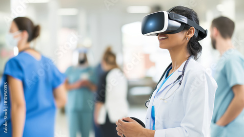 A doctor in a hospital undergoes a training course wearing virtual reality glasses