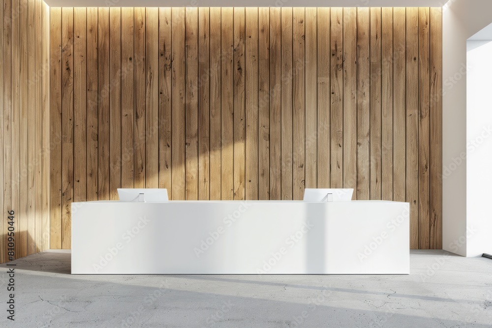 A sleek white reception desk with wood paneling on the walls in the background, providing an elegant and welcoming atmosphere for your office or medical clinic A sleek white reception desk with wood paneling on the walls in the background, providing an elegant and welcoming atmosphere for your office or medical clinic