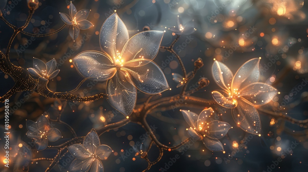 Dreamlike wallpaper with shimmering particle-made branches and flowers.