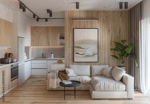 A small living room with wooden walls and white cabinets  an open kitchen on the left side of it